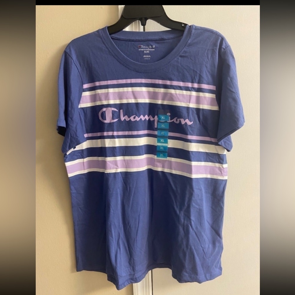 Champion  Blue and Pink Striped Tee women XL NWT